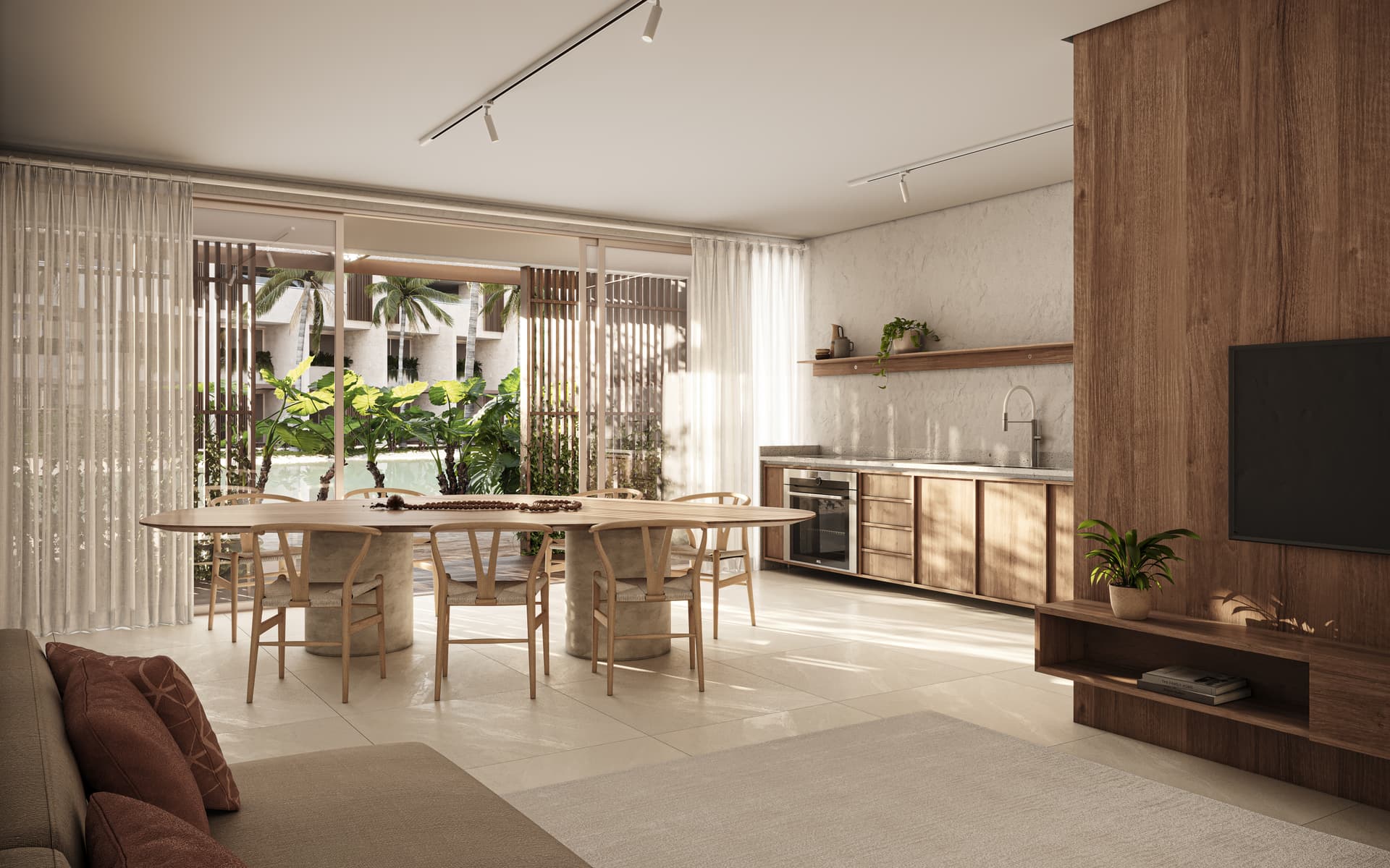 Furnished living room with a view of the pool