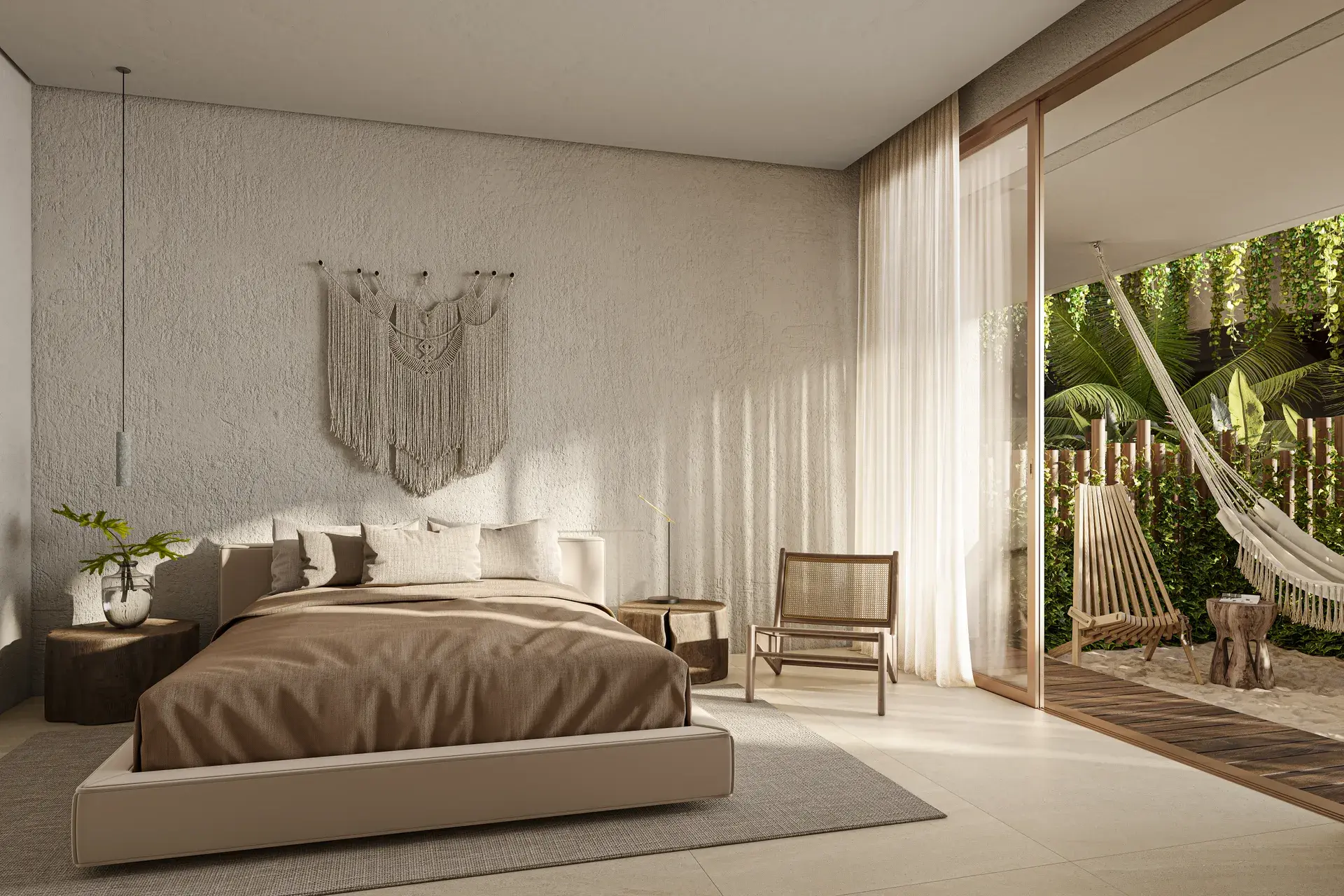 Bright, furnished bedroom with a view of the balcony