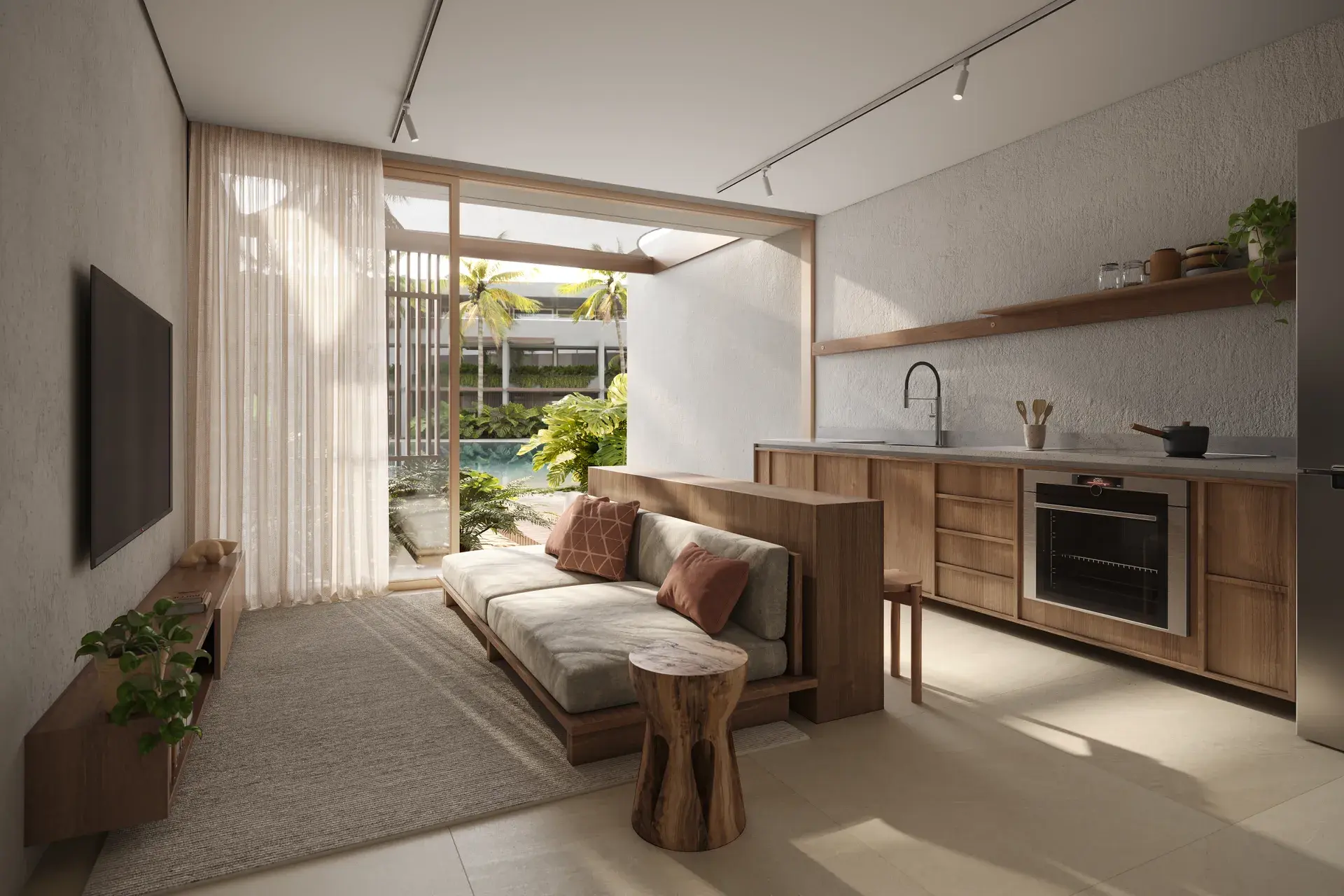 Furnished living room with a view of the common area