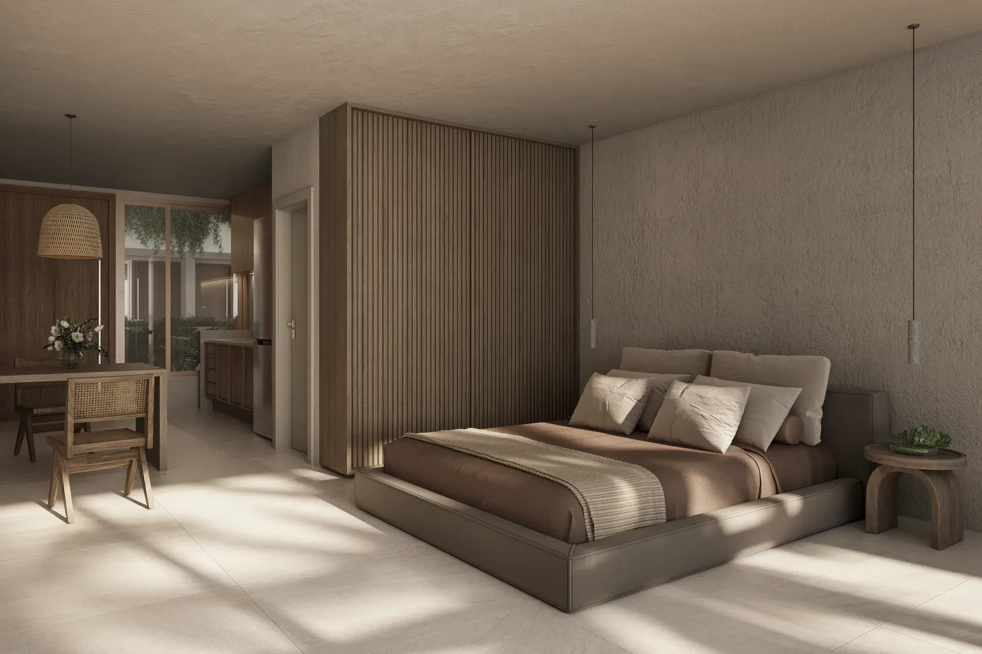 Furnished studio with gray walls and wooden panels