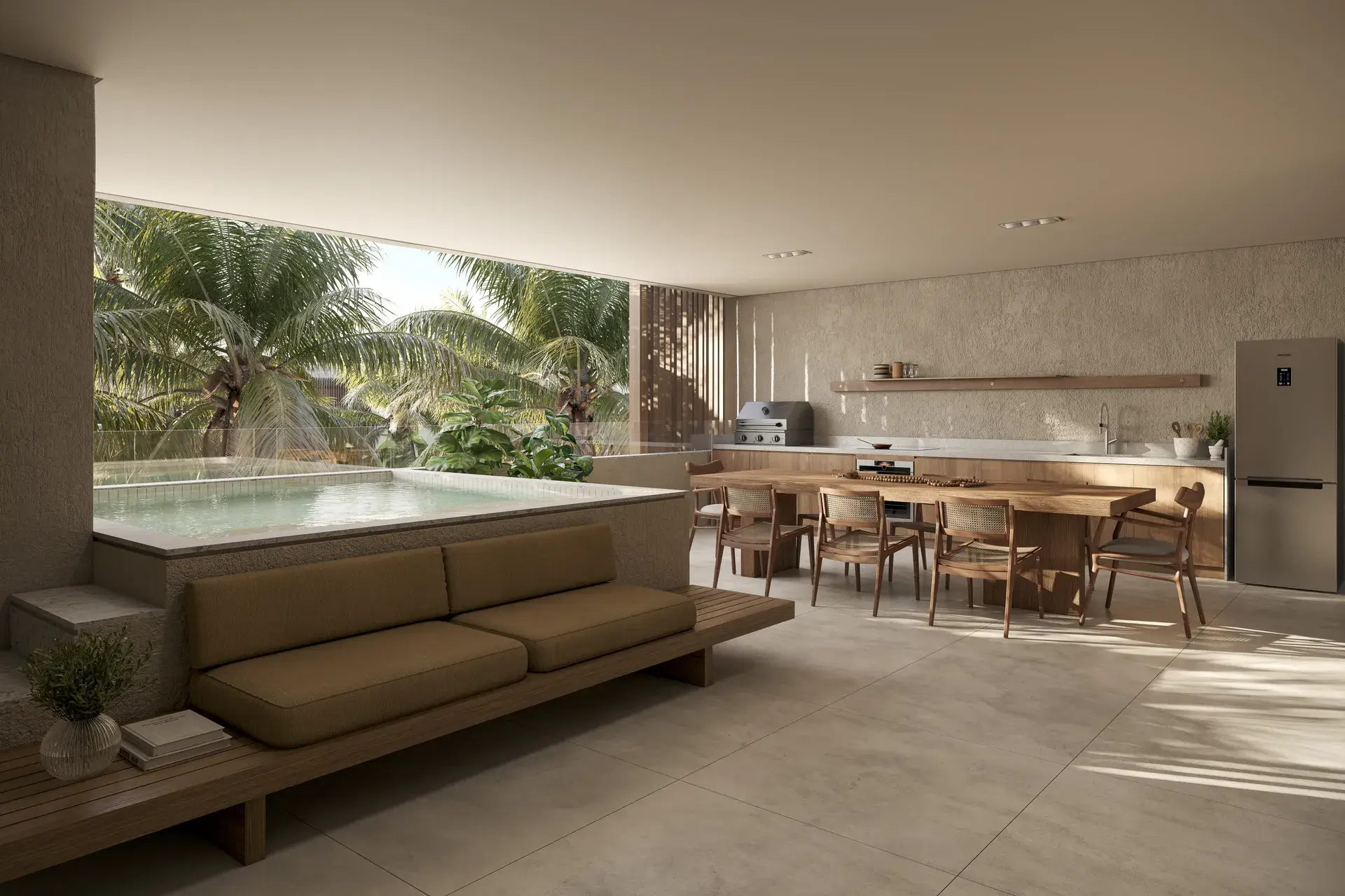 Furnished balcony with a bathtub and a view of the common area