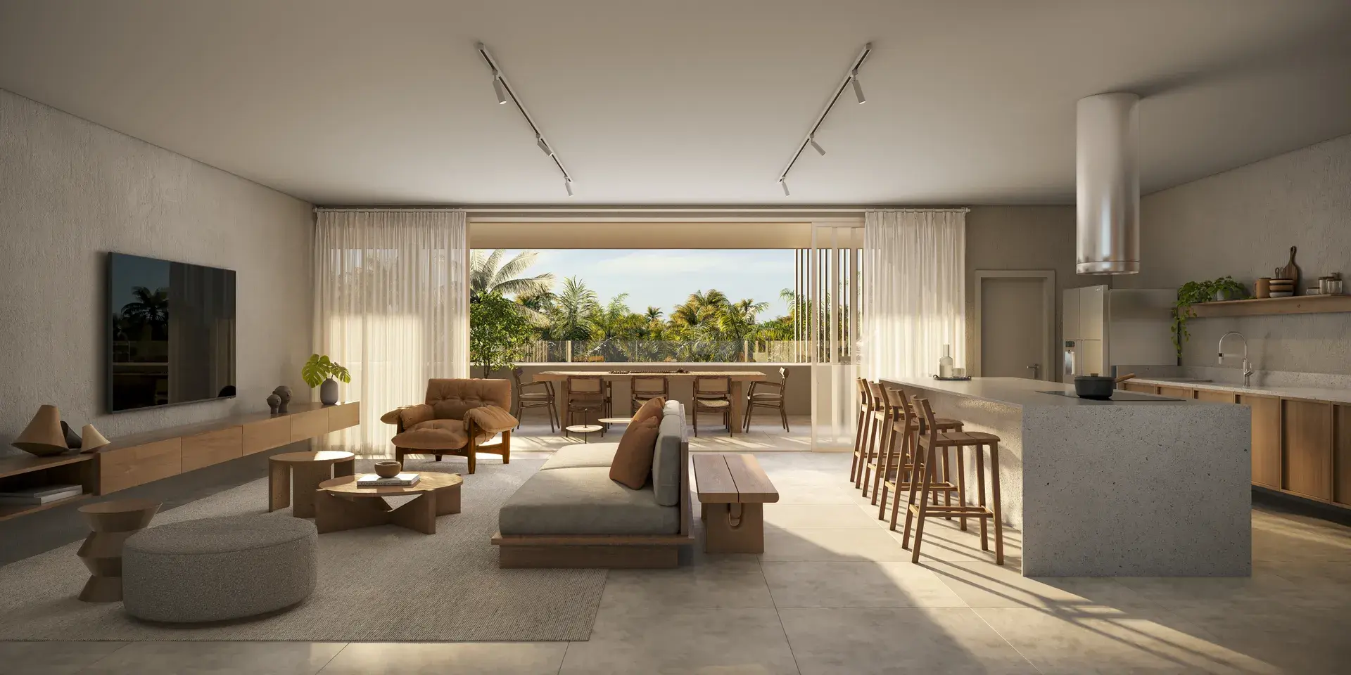 Spacious furnished living room and kitchen with a view of palm trees